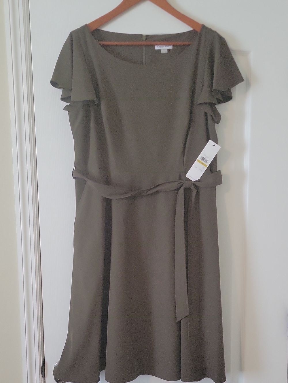NWT Calvin Klein Olive Green Flutter Sleeve Belted A-Line Dress